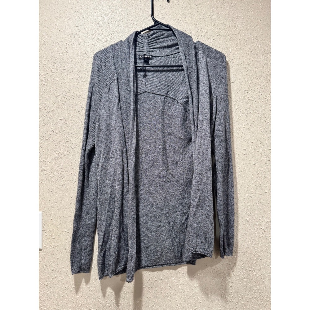 Express Womens Gray Open Front Cardigan Ribbed Knit Draped Shawl Collar Sweater